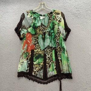 Alberto Makali Top Blouse Women's M Animal Print Floral Green Crinkle Tie Neck